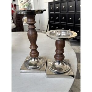 2 Pottery Barn Baxter Silver &  Wood Pillar Holders